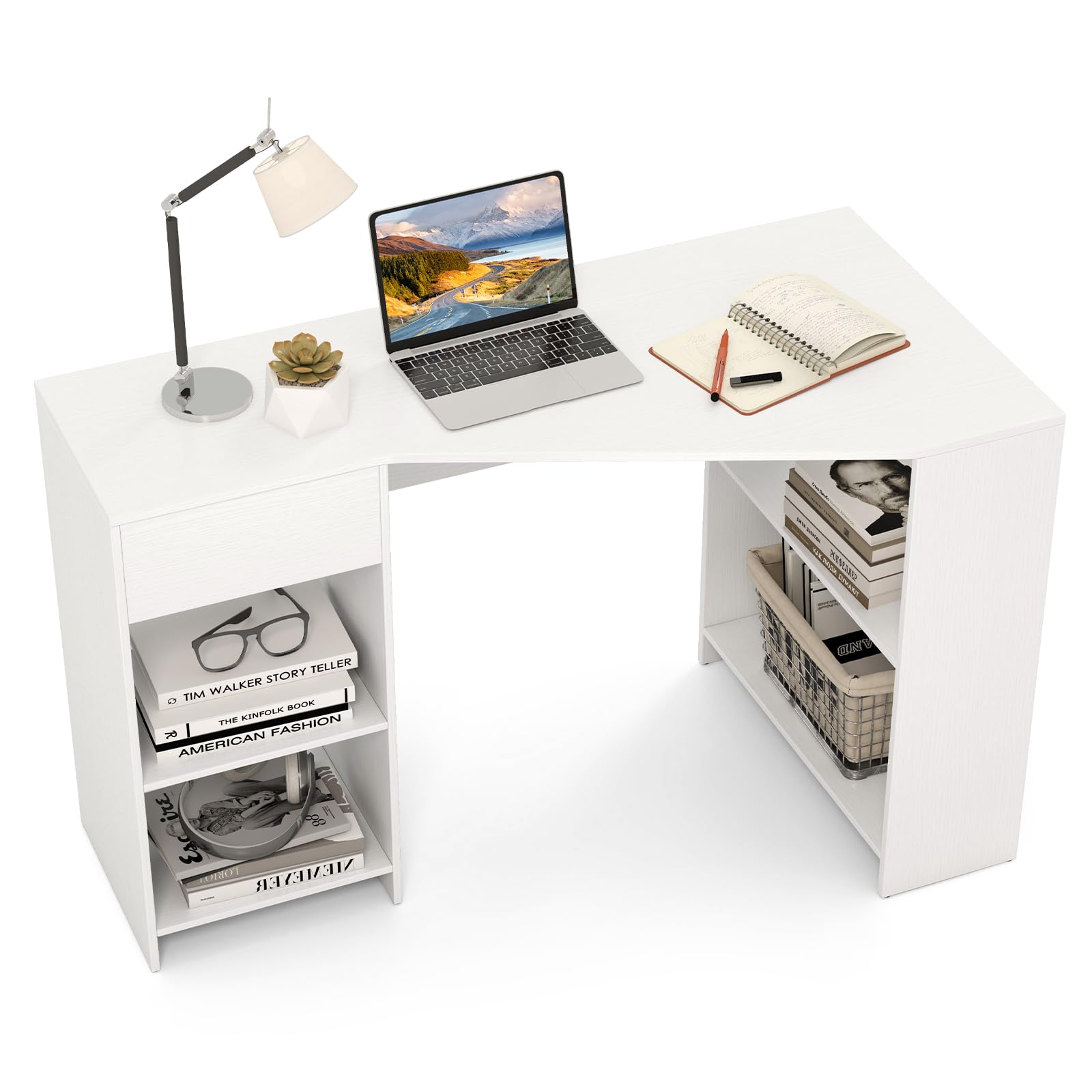 Tangkula White Desk with Storage Drawer & 4 Shelves